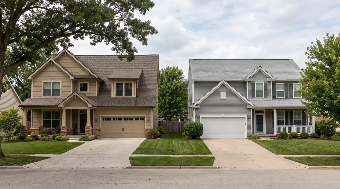 Two neighboring homes show differing asphalt shingle roofs under natural light.