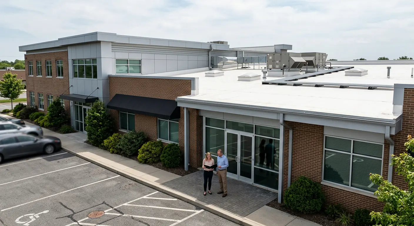Two people review warranty folder at building entrance, flat commercial roof with drainage and equipment visible
