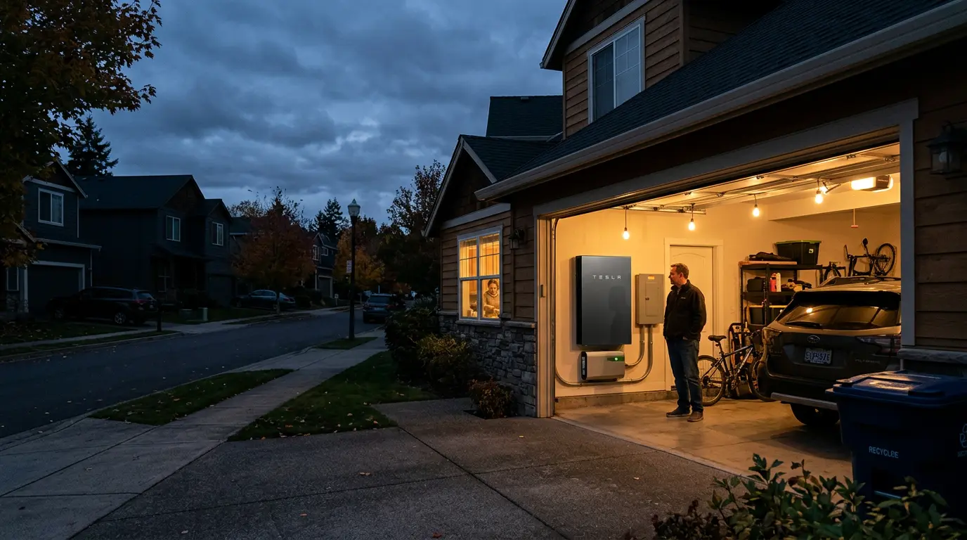 Home battery in suburban garage powers interior lights during blackout.