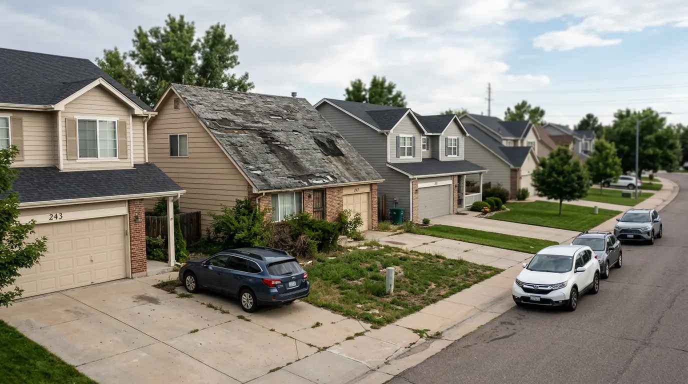 A damaged, weathered roof stands out among uniform maintained roofs in a suburban HOA neighborhood.