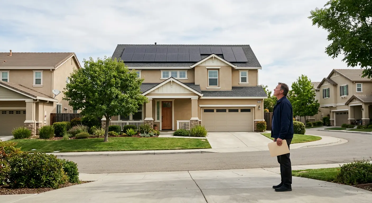 Homeowner beside driveway looks toward solar panels on pitched roof