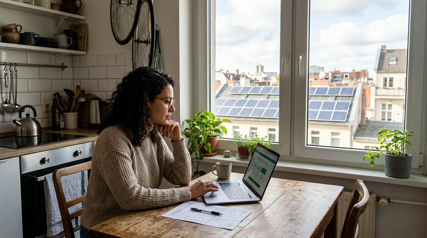 Renter reviews solar savings on laptop at kitchen table, rooftop panels visible outside.