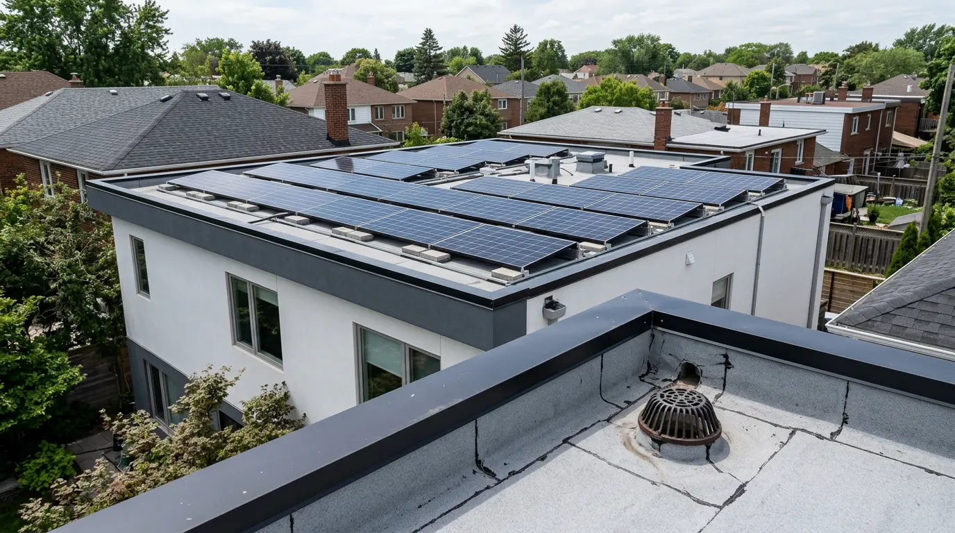 Flat roof solar panels on low-rise home, photographed from adjacent rooftop level
