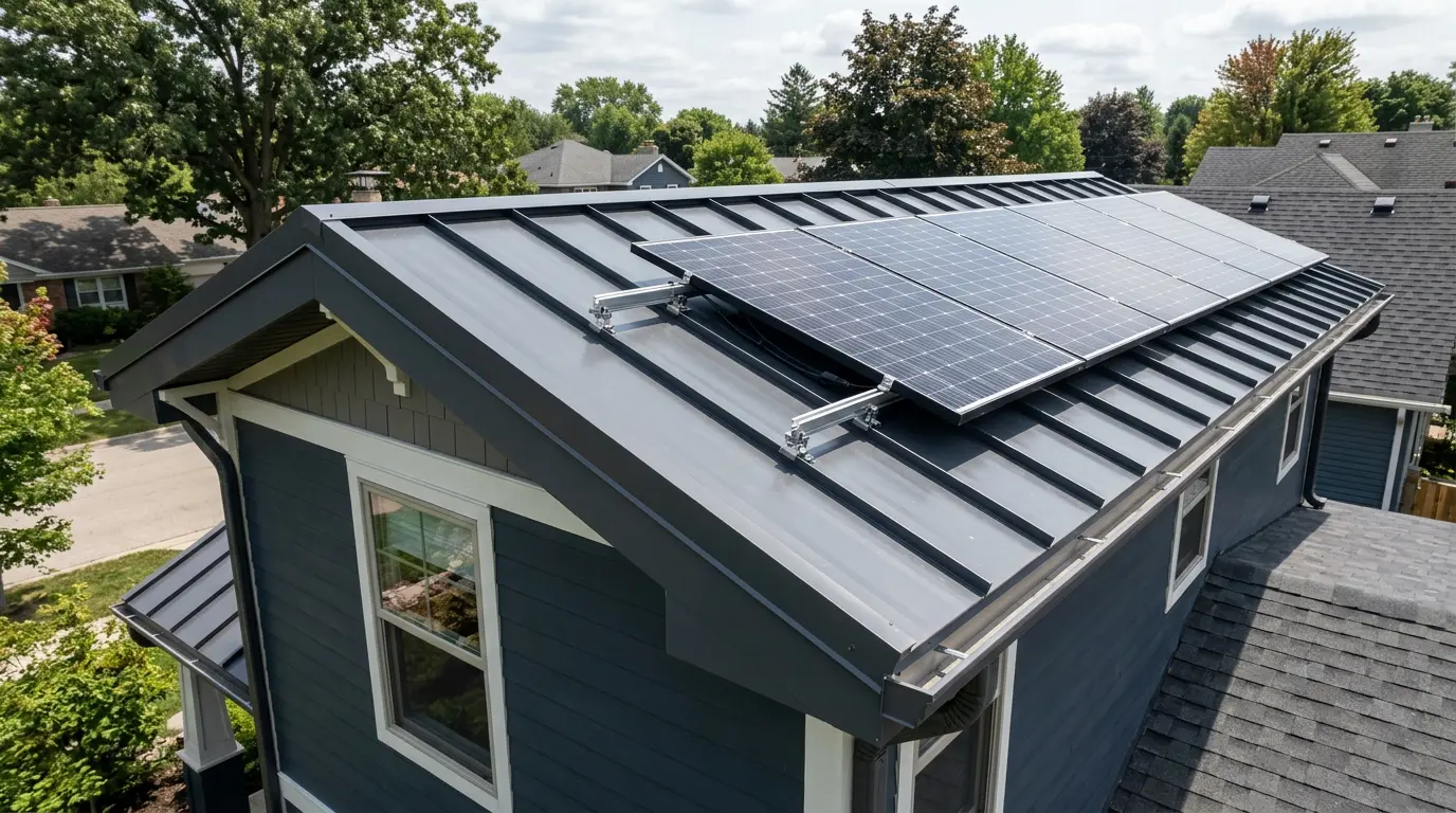 Standing-seam metal roof with solar panels