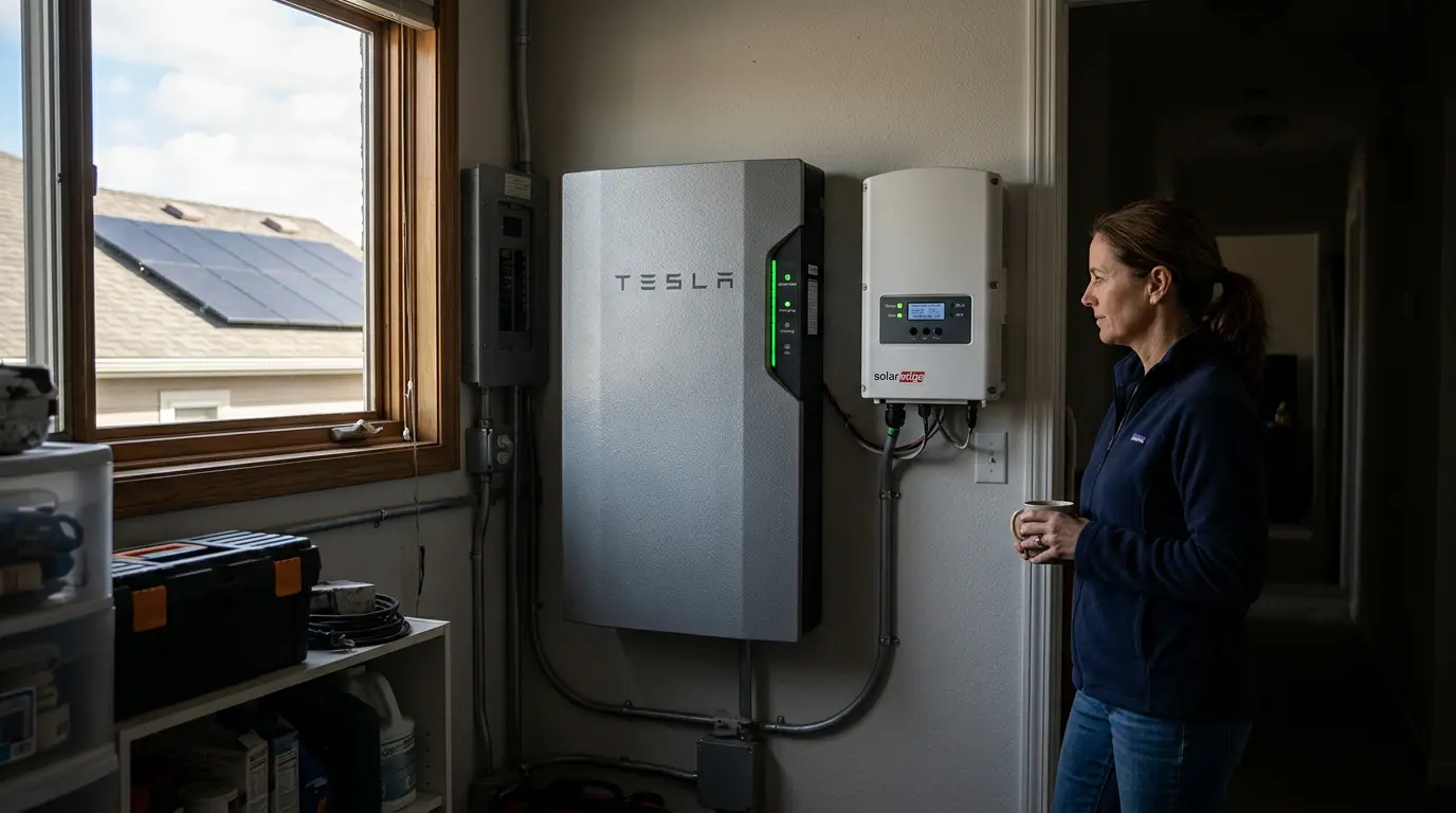 Home battery and inverter in utility room during outage, solar array visible, homeowner monitoring.