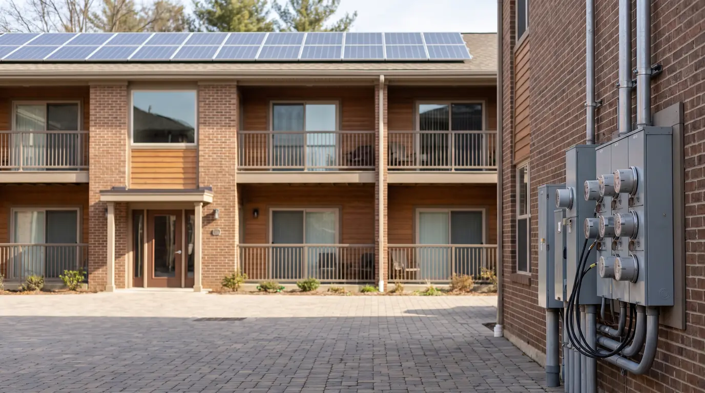 Apartment building with rooftop solar panels and ground-level electrical meters