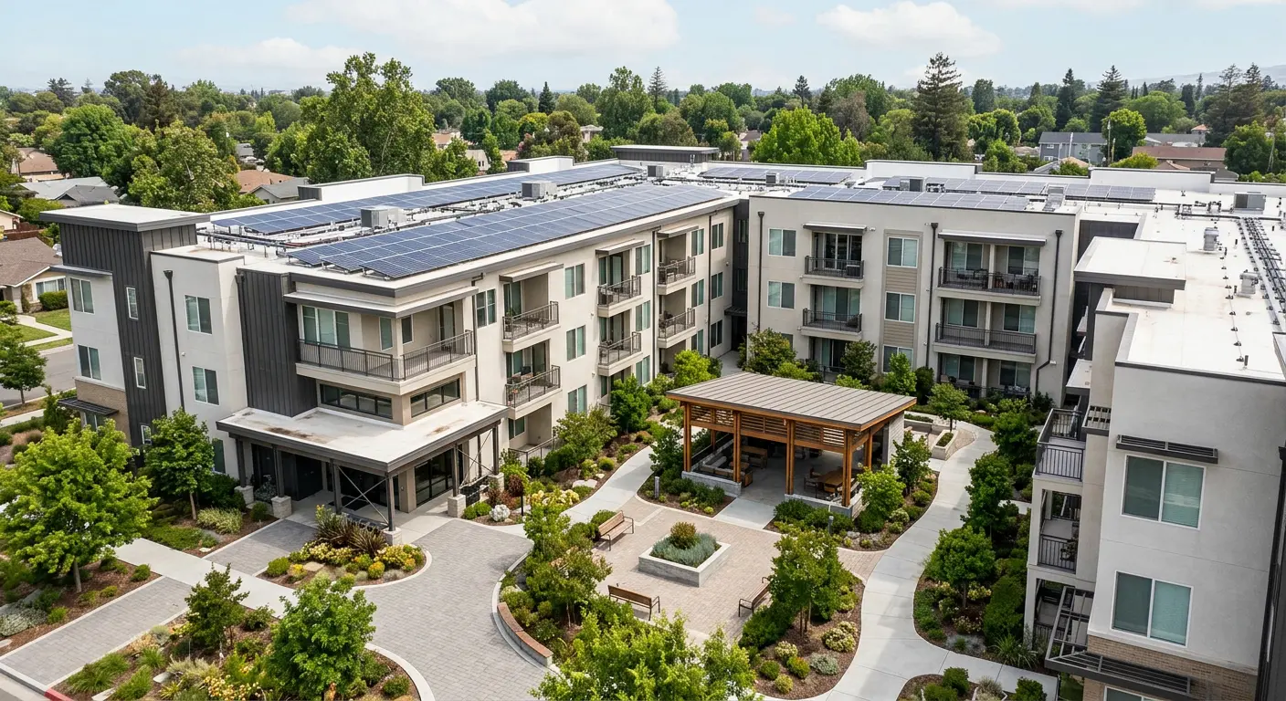 Three‑story apartment building, rooftop solar panels above shared courtyard.