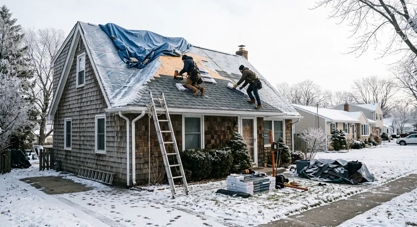 Winter roofers install shingles on a pitched roof with snow and frost.