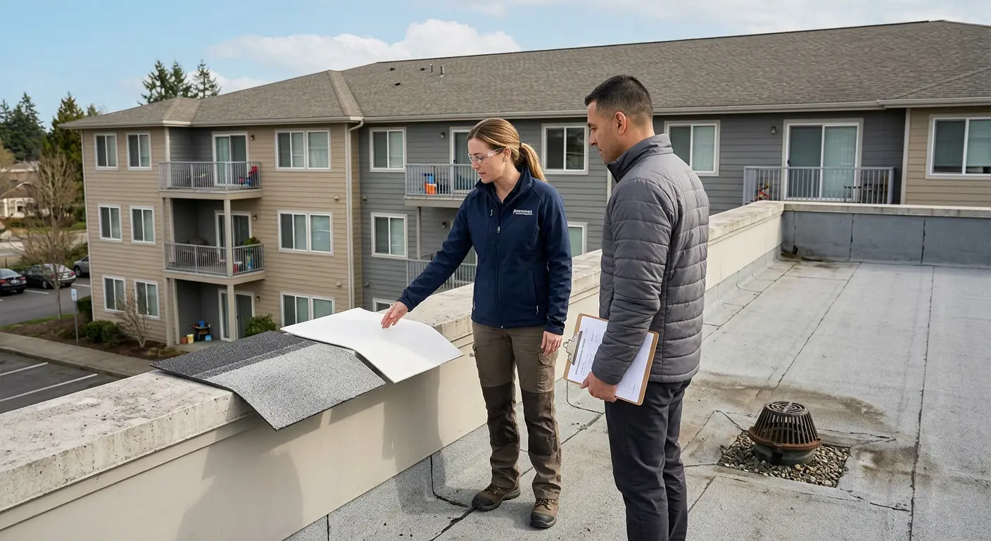 Roofing consultant and property manager inspect samples on a flat roof overlooking an apartment building.