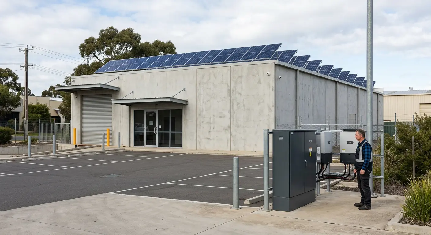 Commercial warehouse with rooftop solar array and owner examining electrical equipment