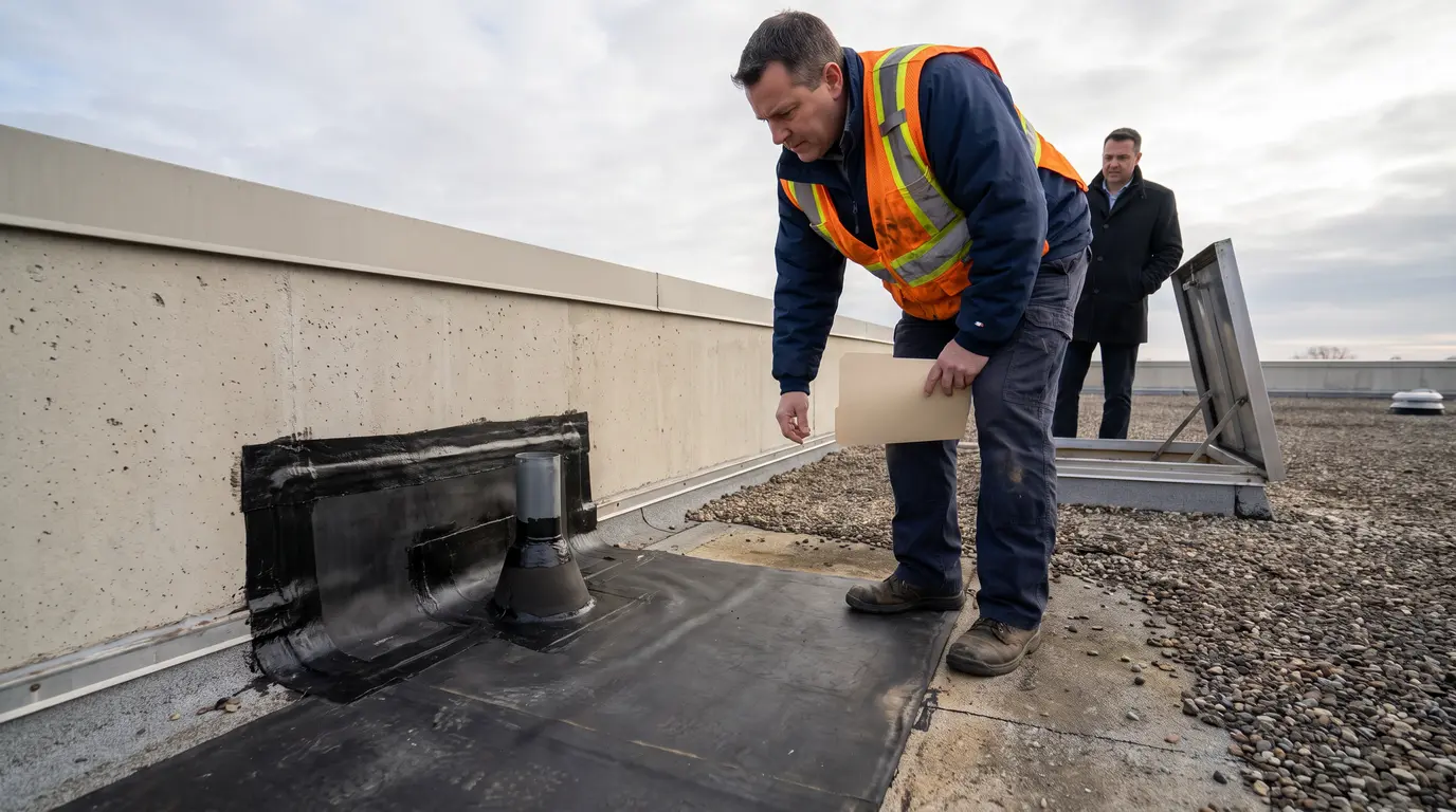 Roof inspection of flat commercial building, exposed membrane with repaired flashing, inspector and manager nearby.