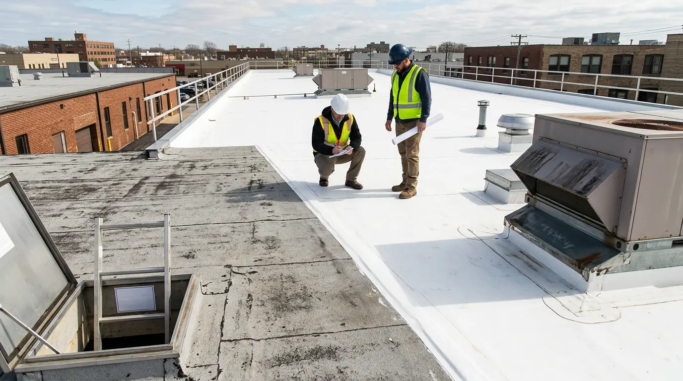 Commercial flat roof replacement showing old-to-new membrane transition with inspector and foreman