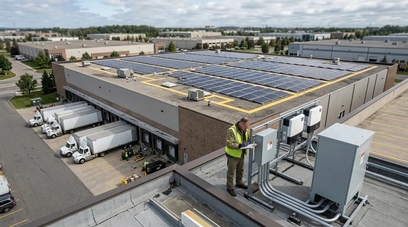 Inspector reviews solar panel clearances on warehouse roof