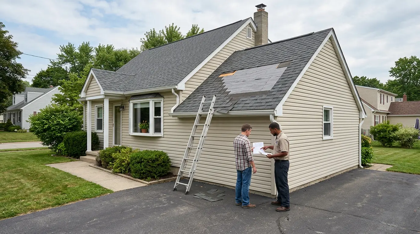 Roof with missing shingles exposing underlayment, homeowner and contractor reviewing permit by ladder