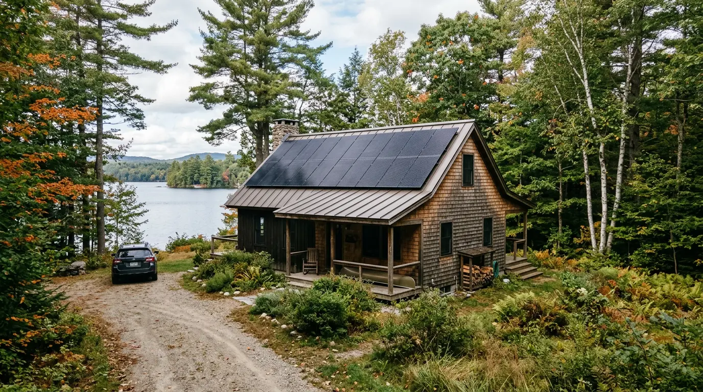Rooftop solar array on a modest vacation home in a wooded lakeside setting