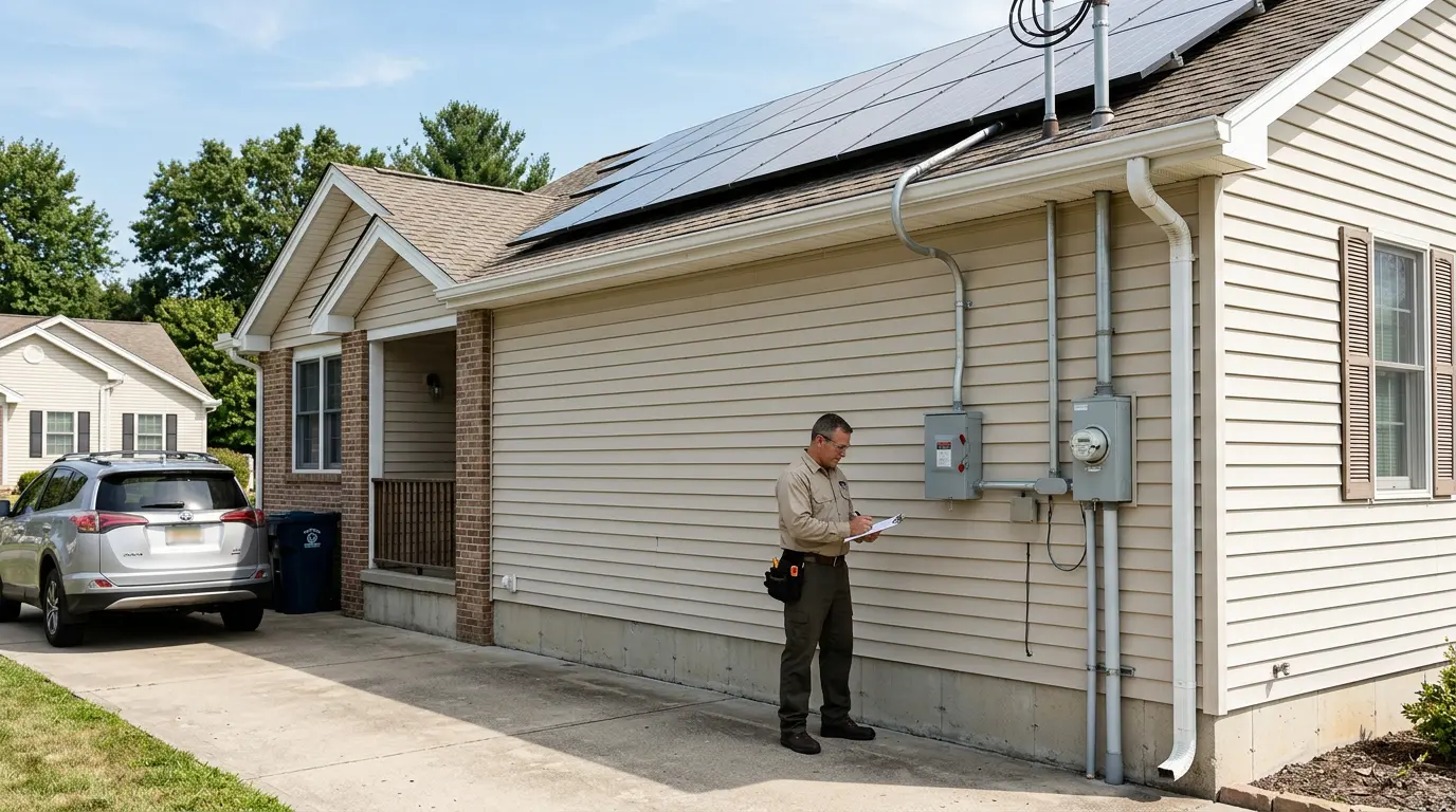 Solar panels on roof inspected by electrician near driveway.