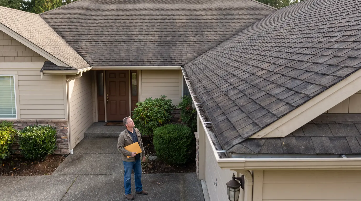 Homeowner on driveway holds approval packet, looking at asphalt-shingle roof before replacement.