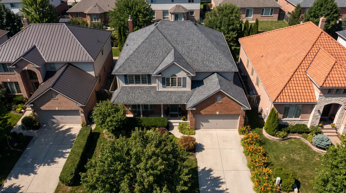 Three suburban homes showing asphalt shingle, metal, and clay tile roofs.