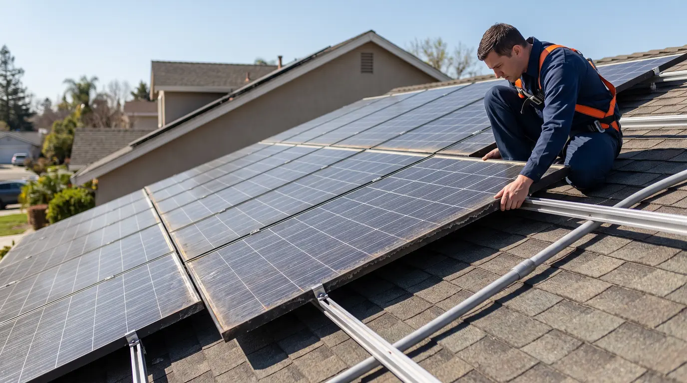 Solar technician inspects weathered rooftop panels on asphalt-shingle roof