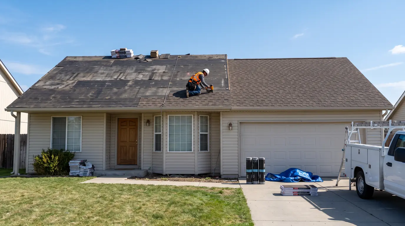 Roof replacement in progress showing stripped, shingled, and completed sections.