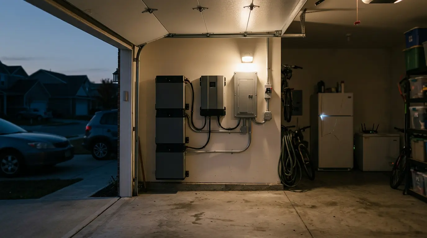 Wall-mounted home battery backup powers garage essentials during evening power outage.