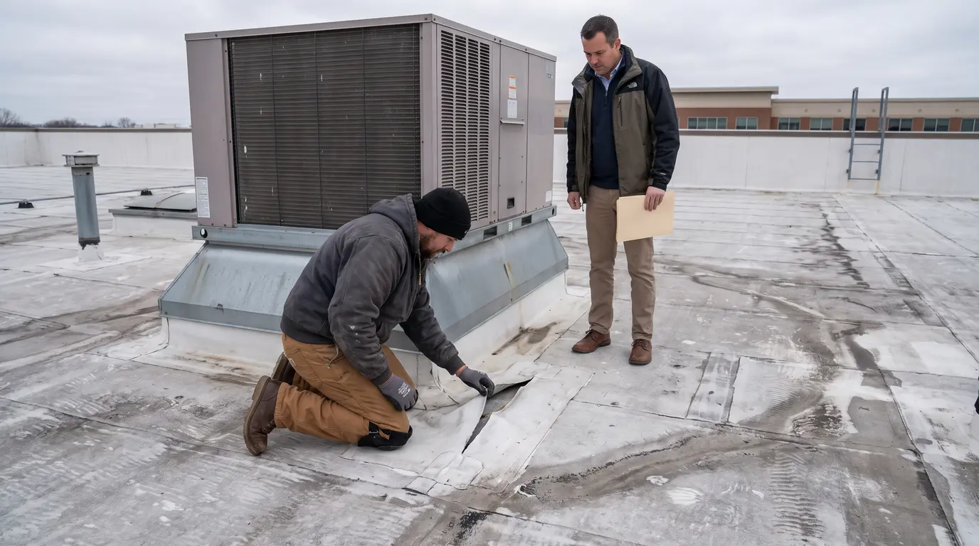 Roofing contractor examines split seam in membrane near HVAC penetration.