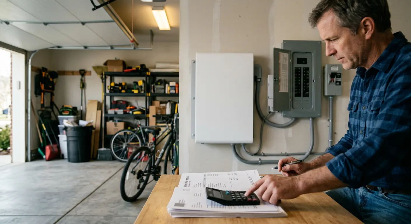 Hands reviewing a home energy battery installation estimate in a garage.