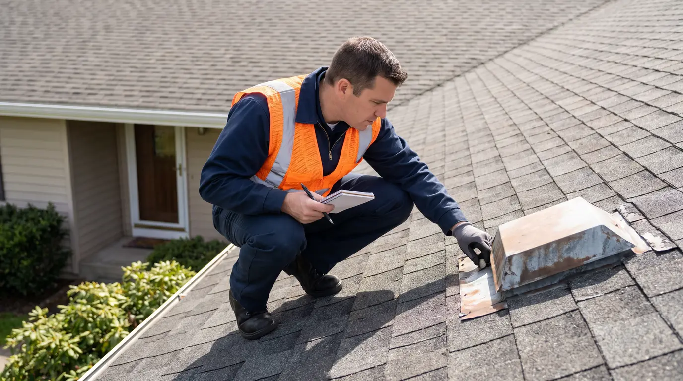 Roof inspector examining shingles and flashing on suburban home