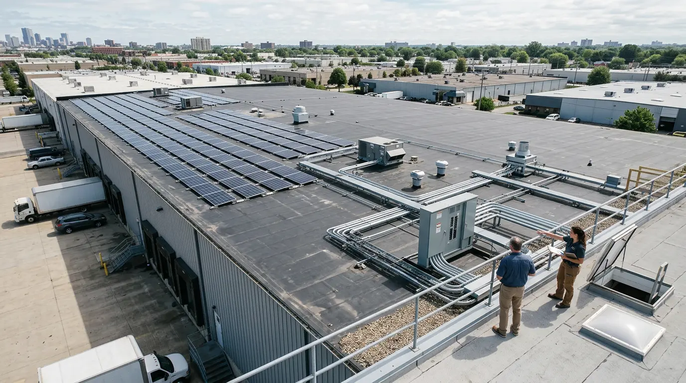Warehouse roof shows partial solar array, open area, equipment, and two observers on nearby roof.