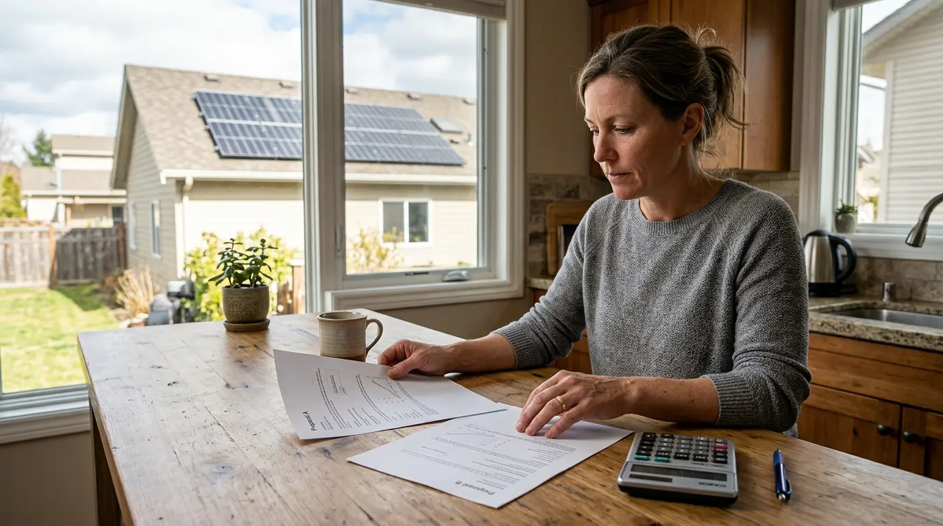 Hands comparing solar proposals with calculator near window showing roof panels