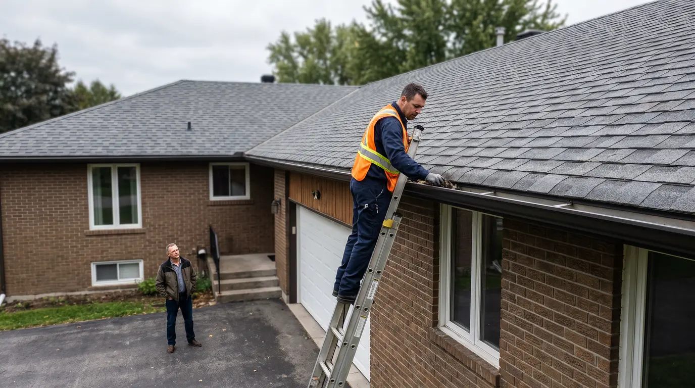 Roofer on ladder cleaning gutters while homeowner watches from driveway.