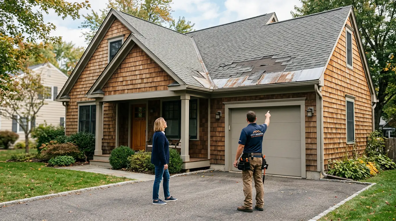 Roofer and homeowner inspect damaged shingles above garage on suburban house.