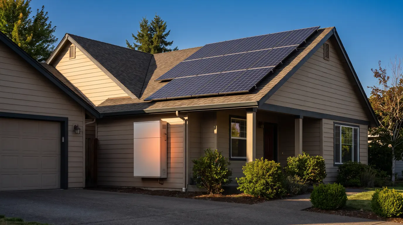 Suburban home with solar panels and battery storage at sunset
