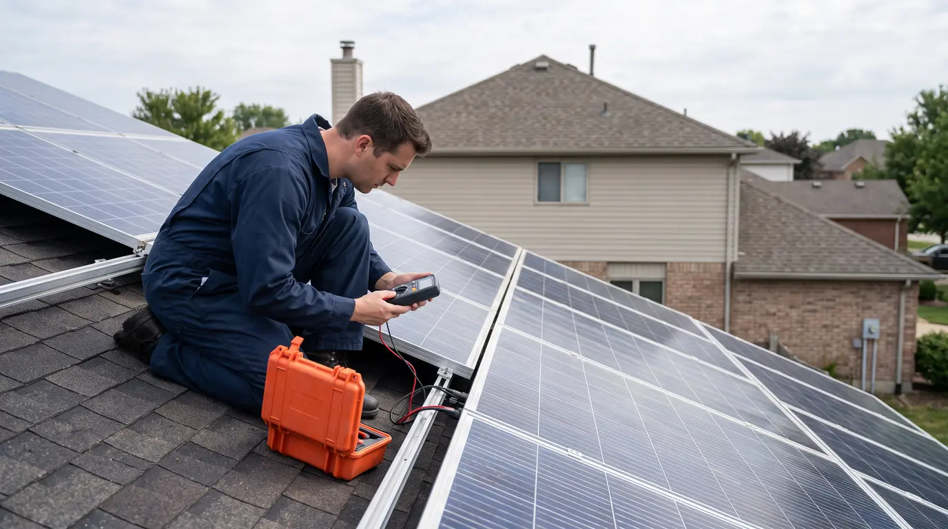 Technician inspecting rooftop solar panels on suburban home roof, navy workwear, orange tool case nearby.