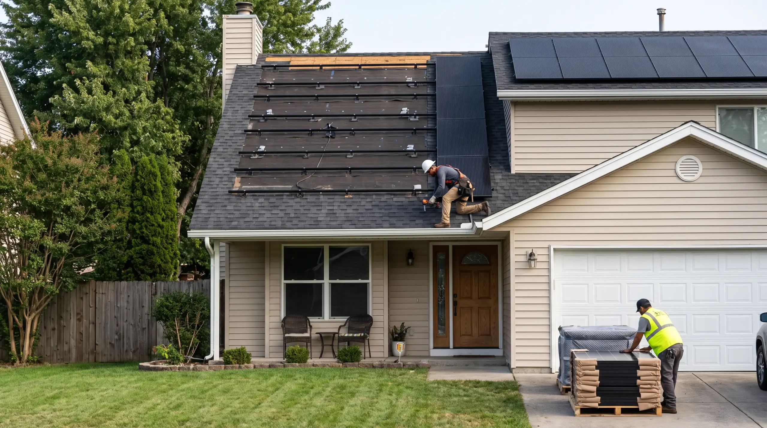 Two-story suburban home roof repair after solar removal, exposed underlayment, panels stacked in driveway