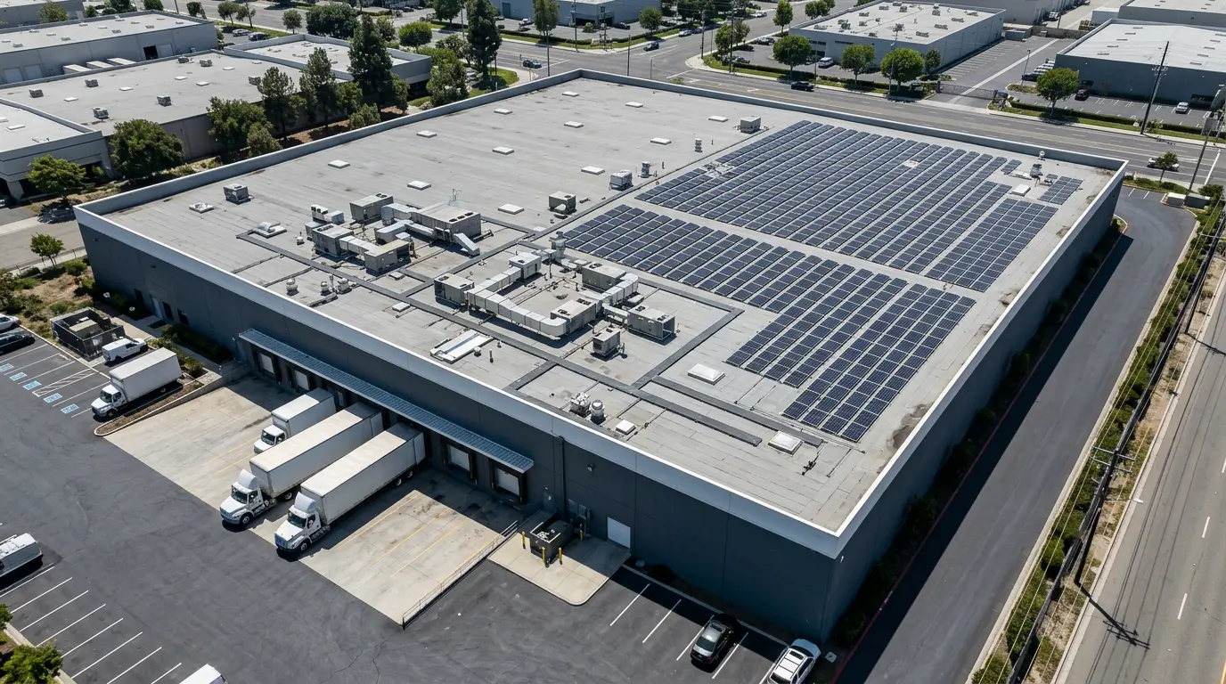 Single-story warehouse roof with solar panels, HVAC units, skylights, and surrounding pavement.