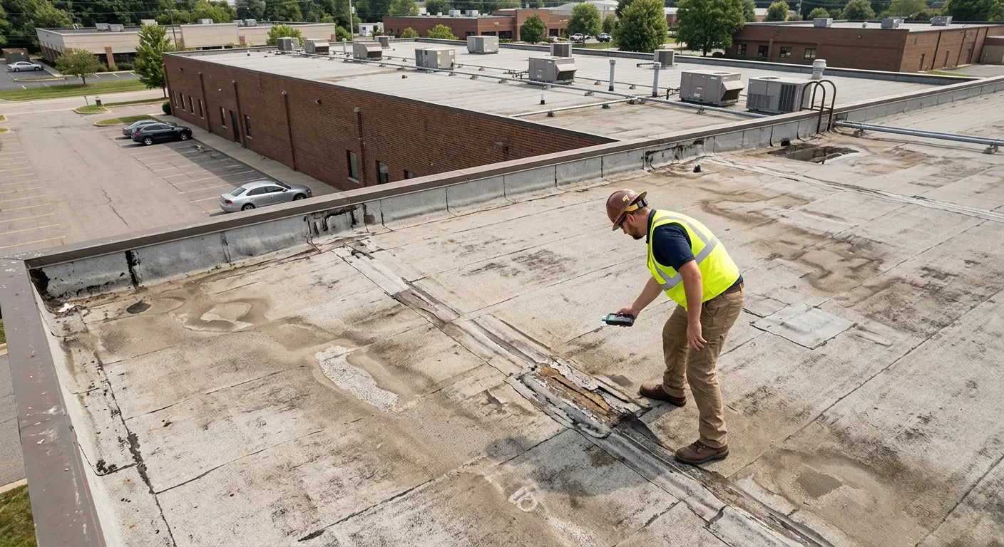 Rooftop inspector examines weathered seams on an aging commercial flat roof.