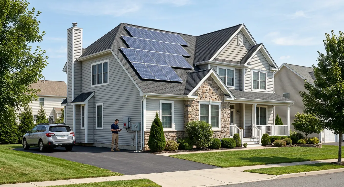 Inspector checks roof-mounted solar array and inverter on suburban home