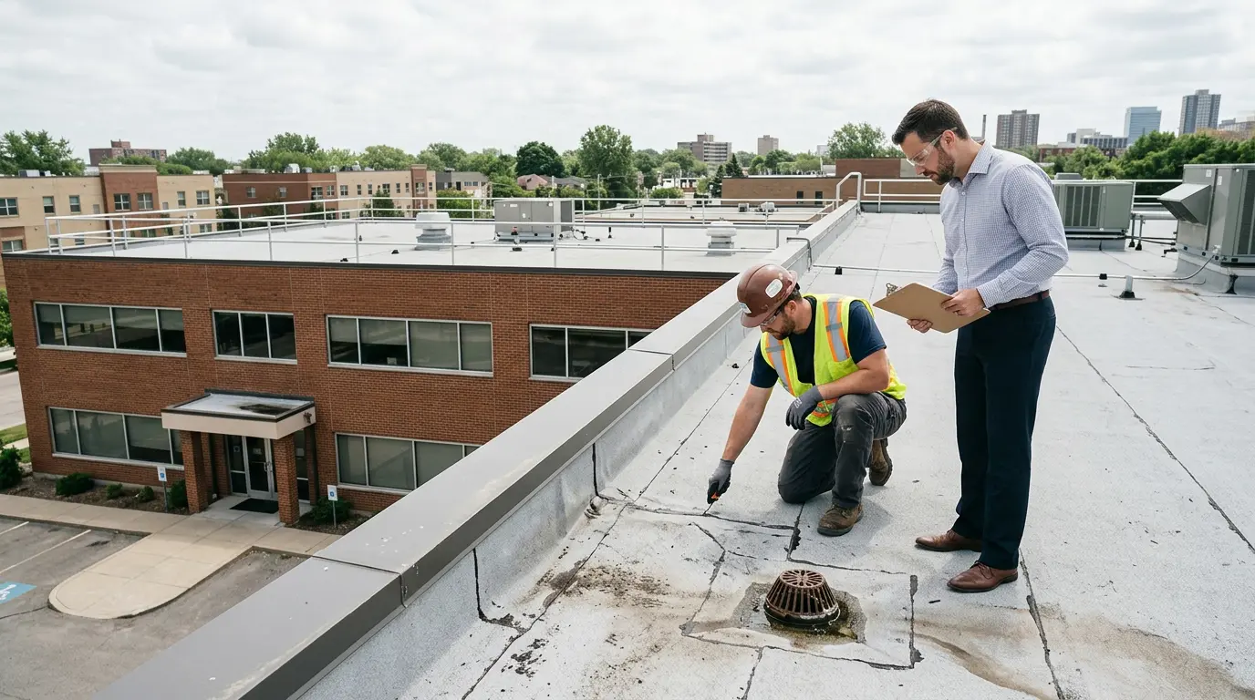 Property manager and contractor inspecting flat roof on office building