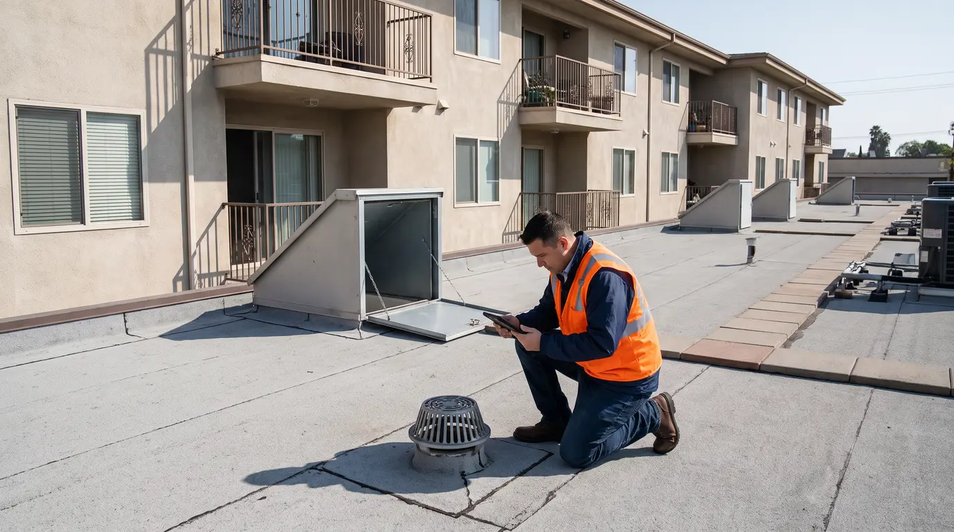 Roof inspector documents condition on apartment building roof