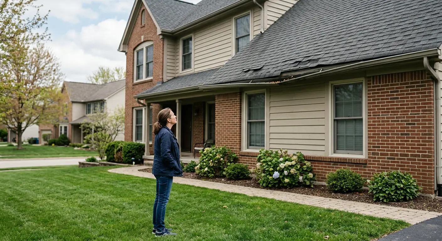 Homeowner inspects damaged roof with lifted shingles and sagging gutter from lawn