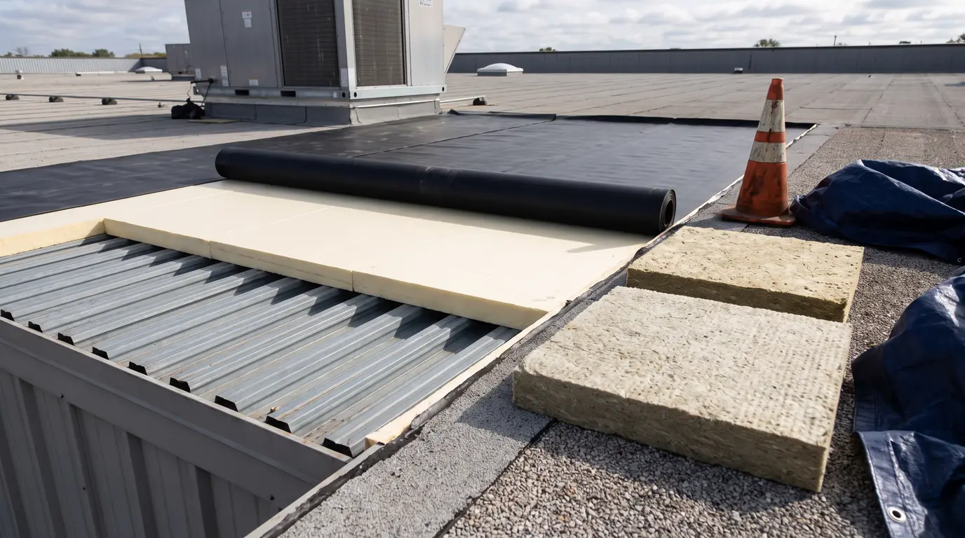 Close-up of exposed roof layers and insulation samples.