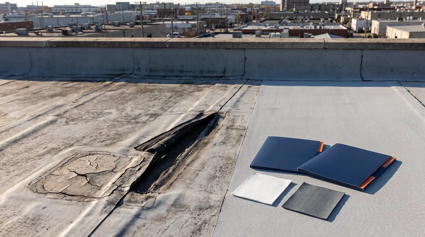 Weathered flat roof with failed seam, repair samples and folders beside it