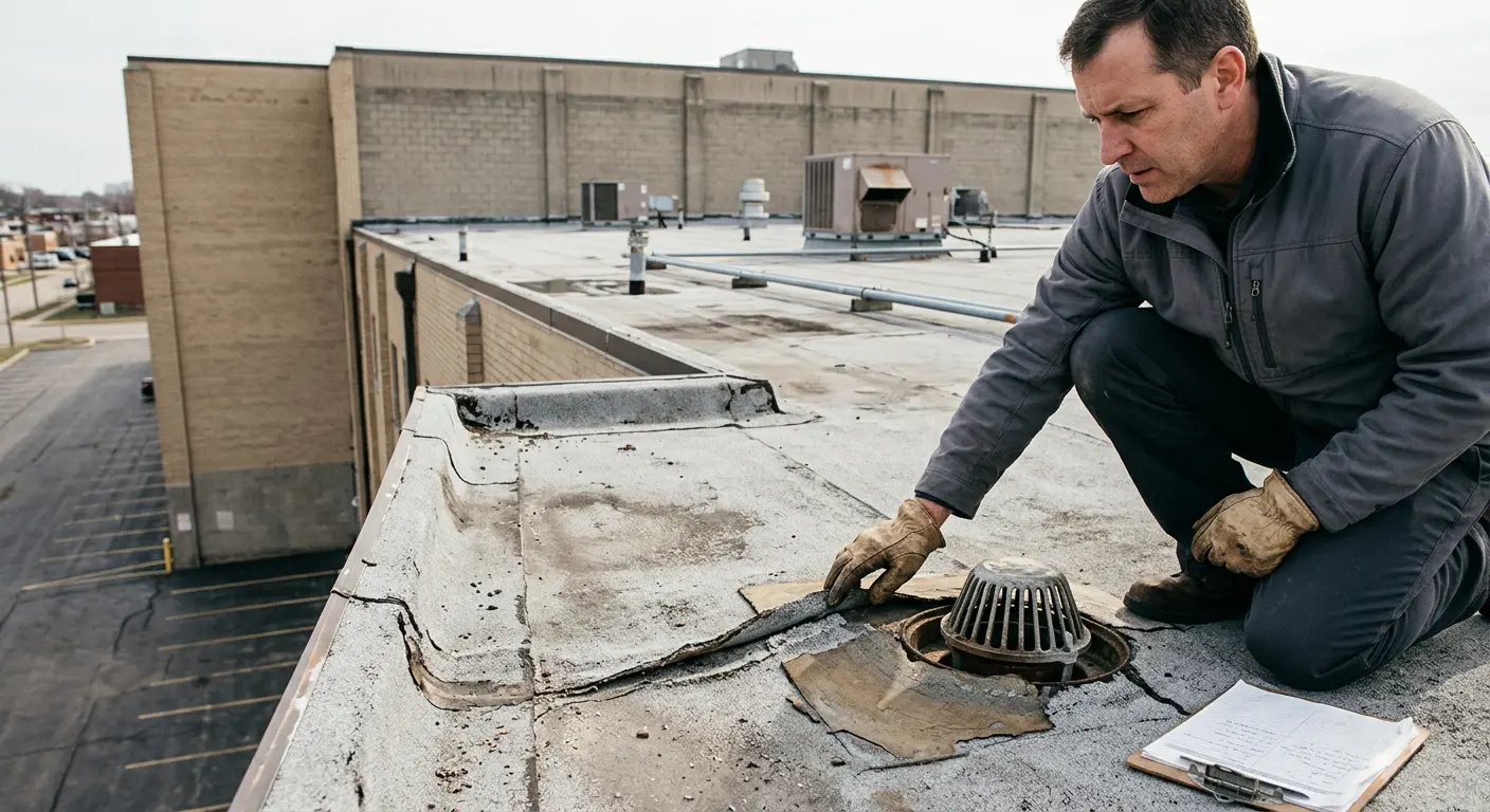 Kneeling inspector examines an aged commercial roof seam and patch near a drain.