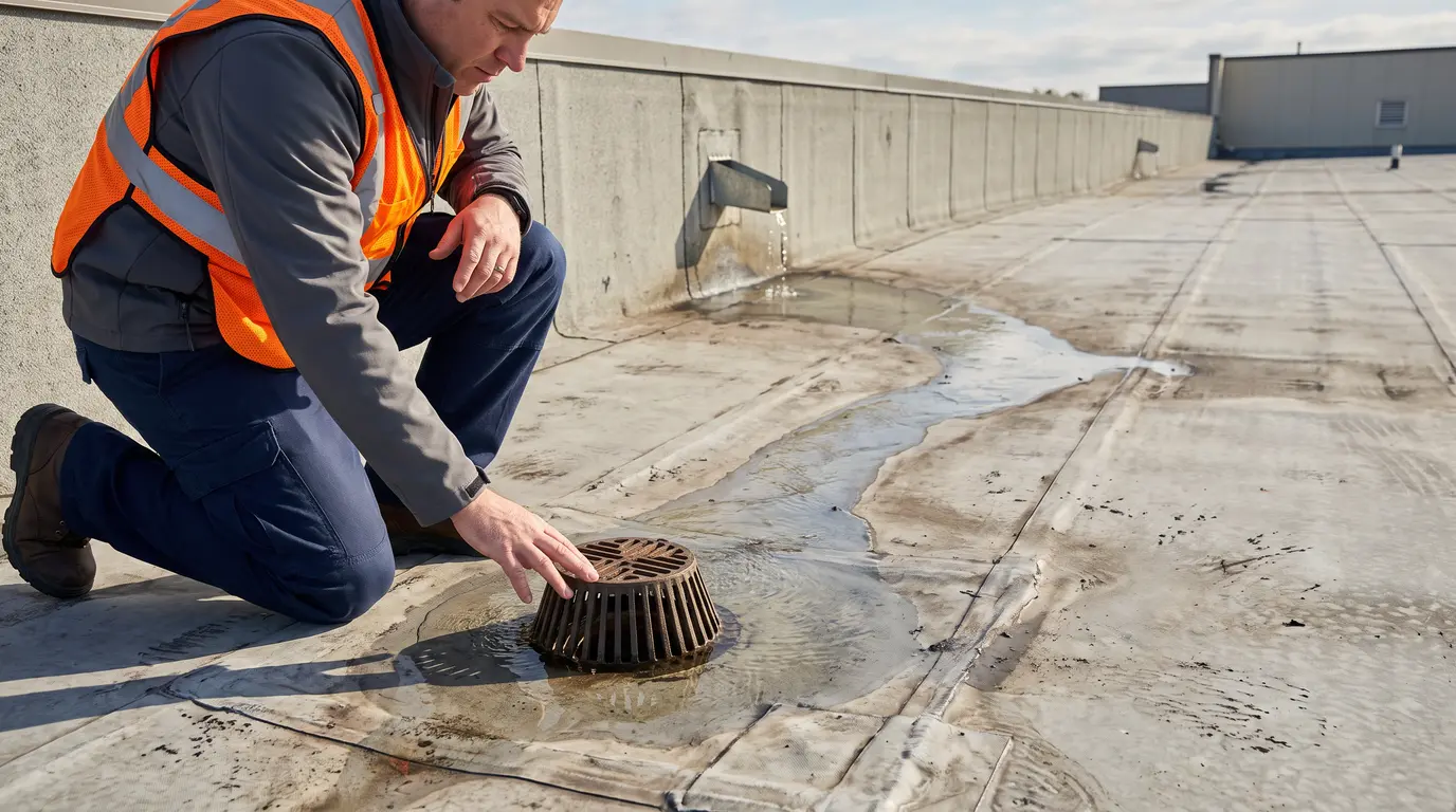 Kneeling consultant inspects drain grate with water pooling, roof slope and scupper visible.