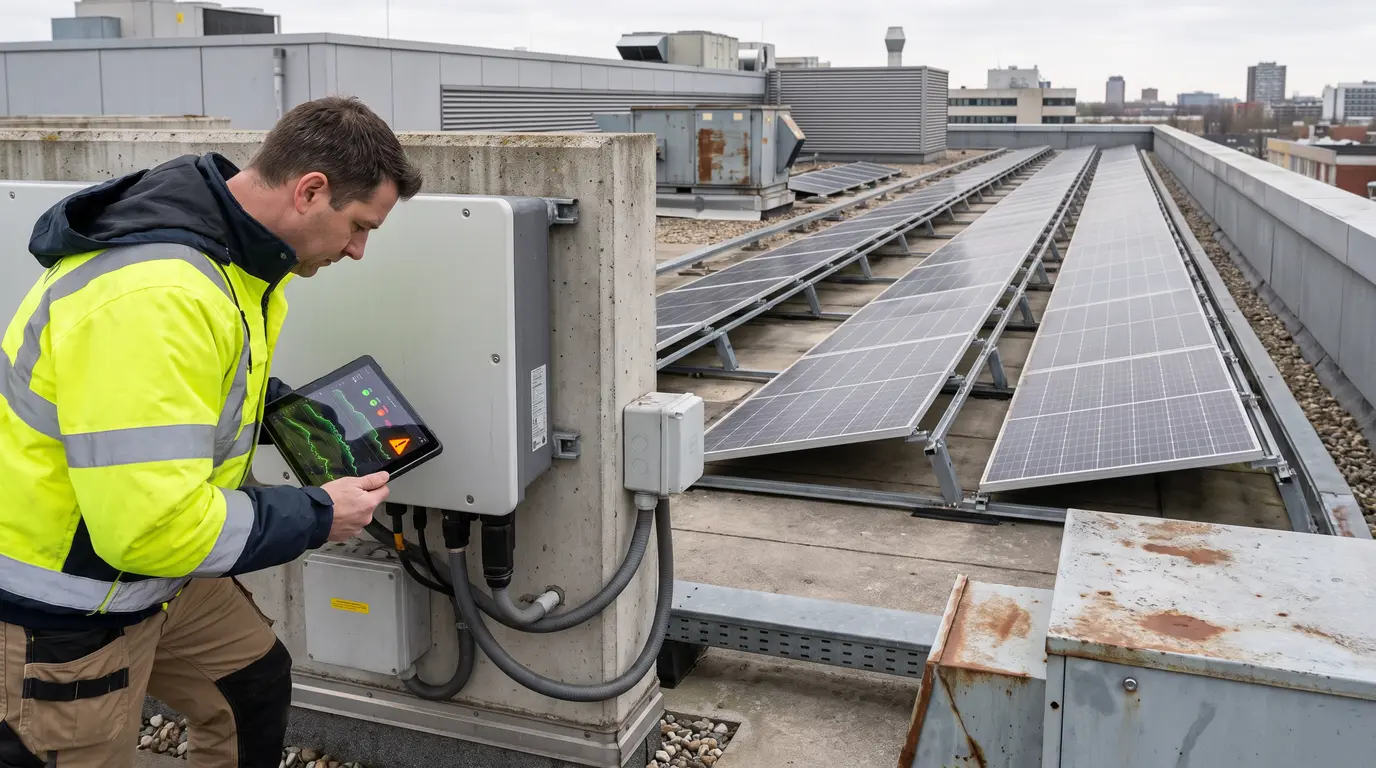 Facilities manager checks tablet showing solar energy trends beside inverter on rooftop.