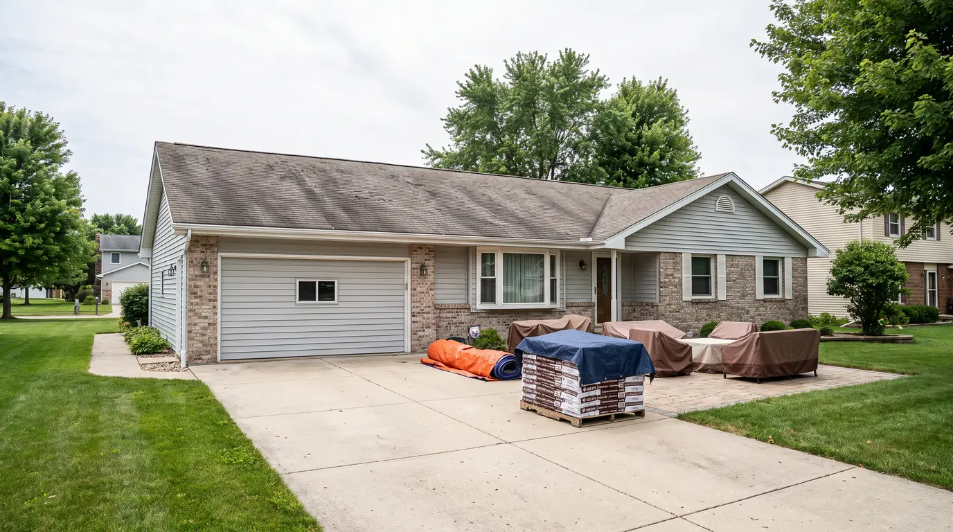 Suburban home under preparation for roof replacement, shingle pallet and cleared driveway.