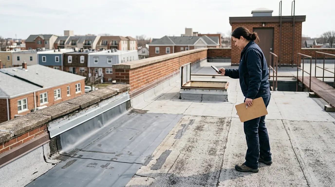 Property manager documents roof repair from building rooftop with smartphone