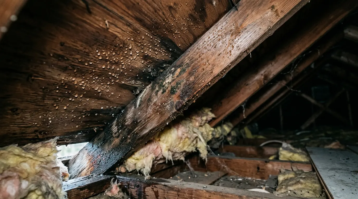 Condensation droplets and early mold on damp attic wood, blocked ventilation.