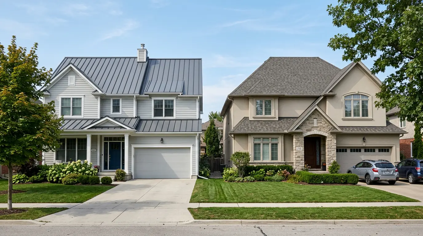 Neighboring homes showcase charcoal metal and gray shingle roofs on a residential street.